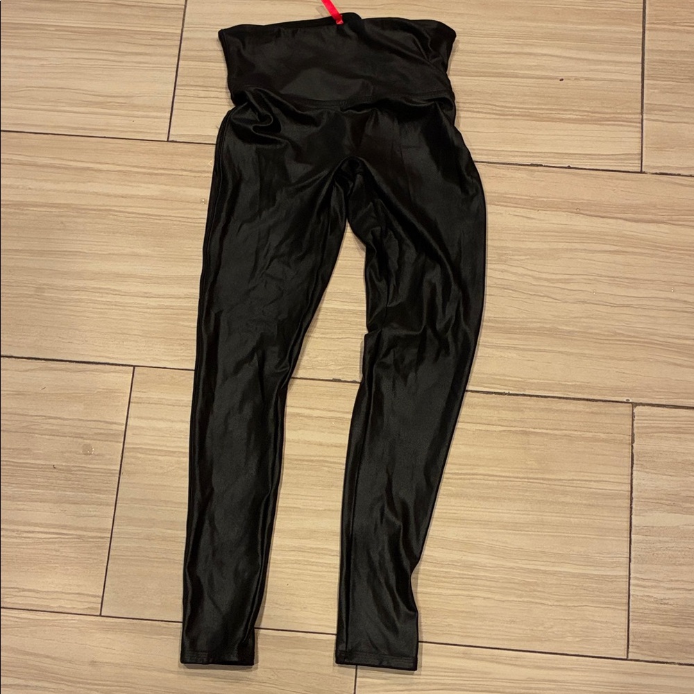 Spanx Black High-Waisted Leggings, faux leather look.